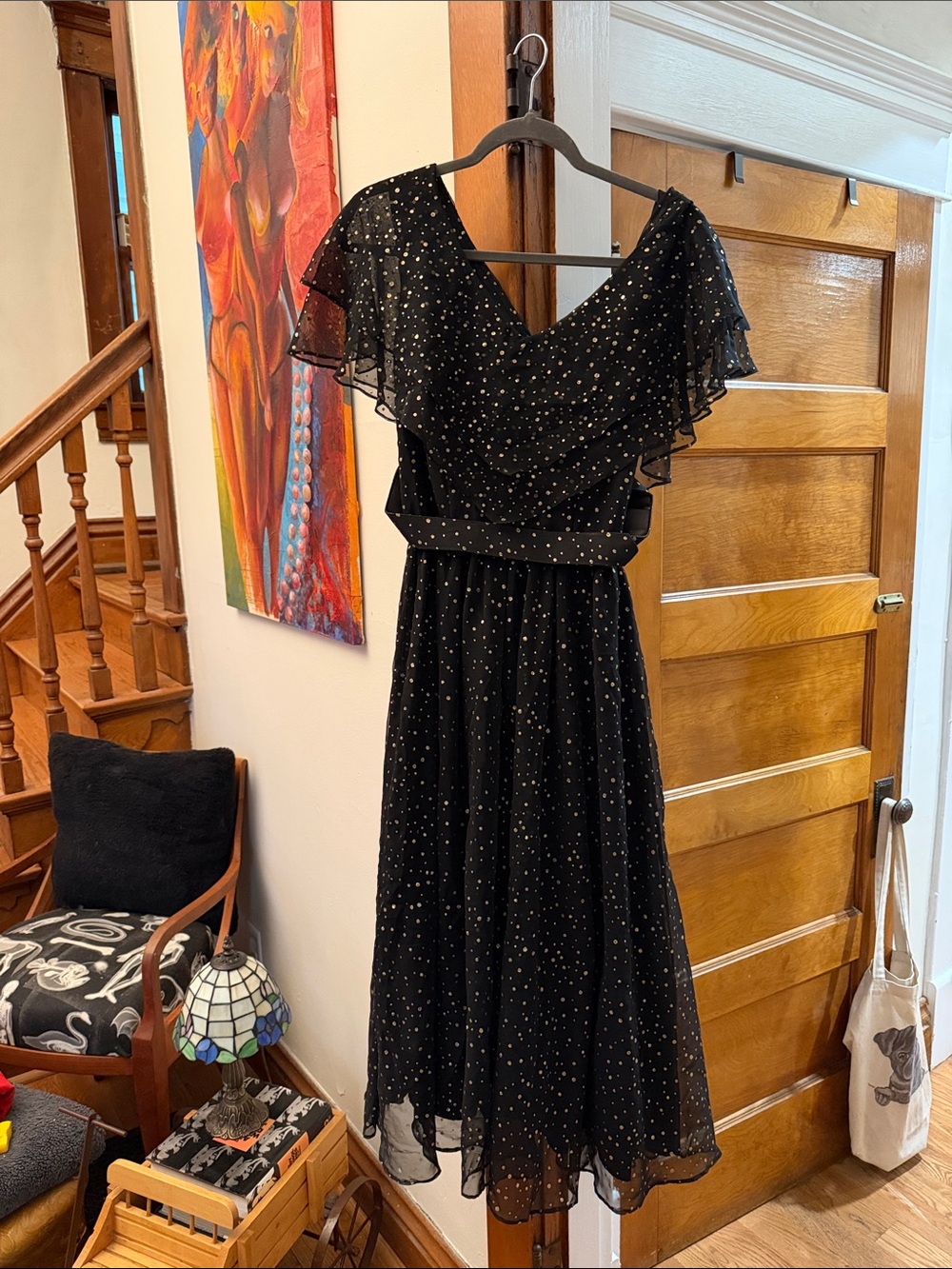 Vintage Black Sparkle Midi Dress with Flutter Sleeves